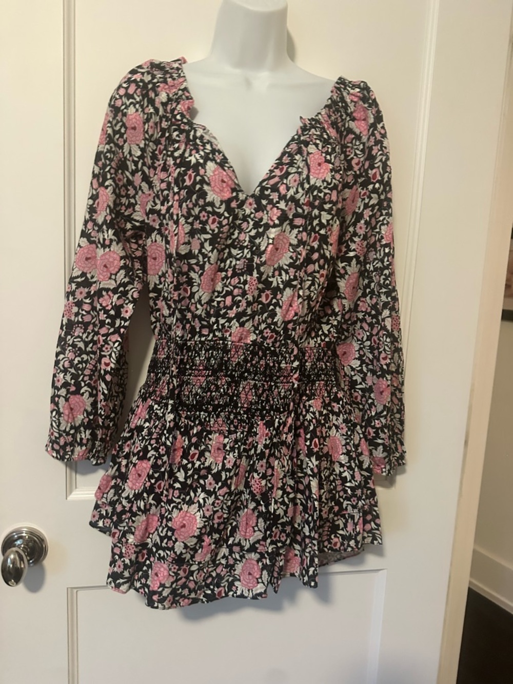 LoveShackFancy Black Mini Dress with Pink Floral Print